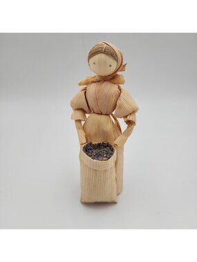 Vintage Corn Husk Doll Girl carrying bucket Handmade Czech Folk Art 5"
